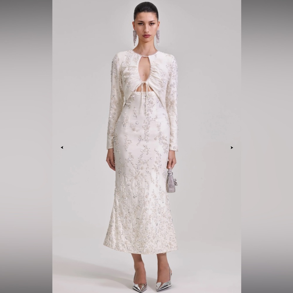 Self Portrait Embellished White Long Sleeve Midi Dress